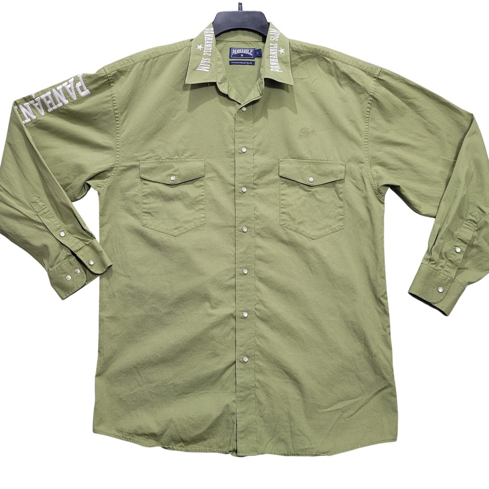 Panhandle Slim Mens LT Olive Green Western Pearl Snap Shirt Embroidered FLAW